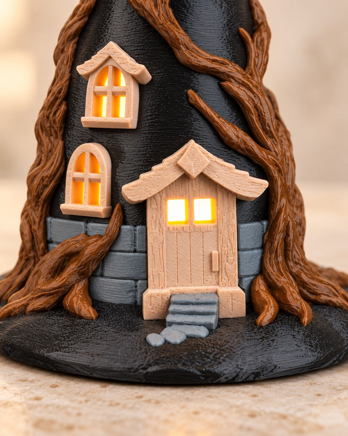 Close-up of the Witch Hat Cottage Lamp showing fine printed layer lines