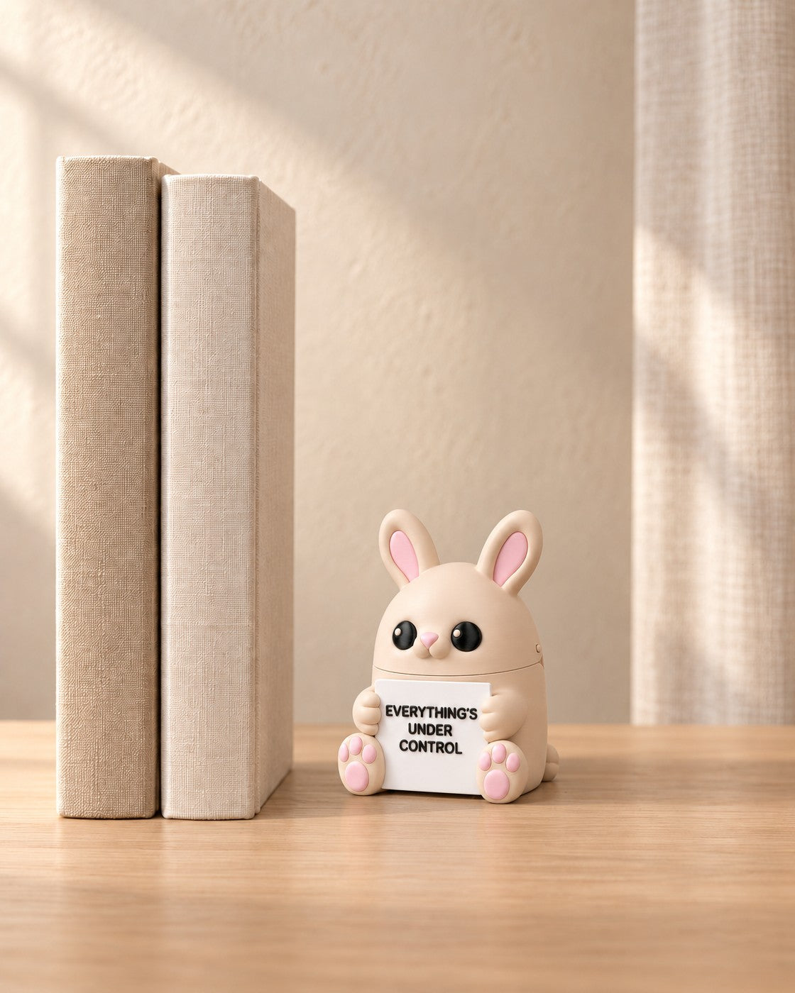 Chill Bunny Desk Ornament in a calm, softly lit interior, shown at true scale