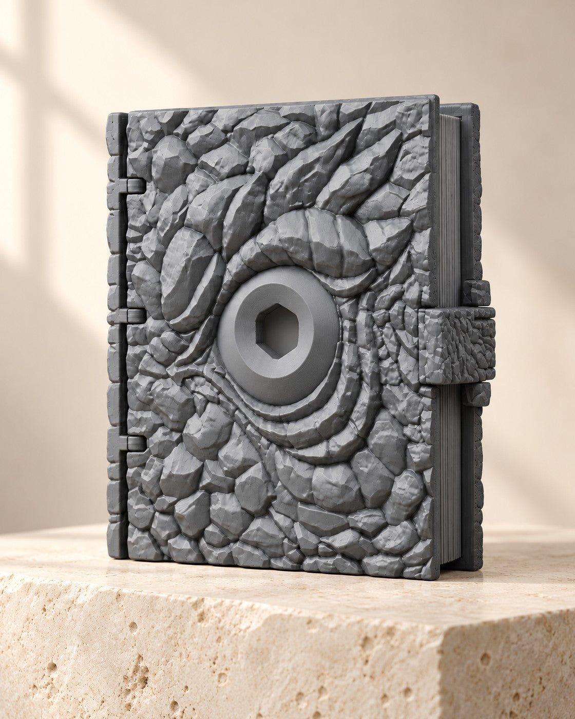 Dragon Eye Dice Box on a pale limestone plinth, soft studio light