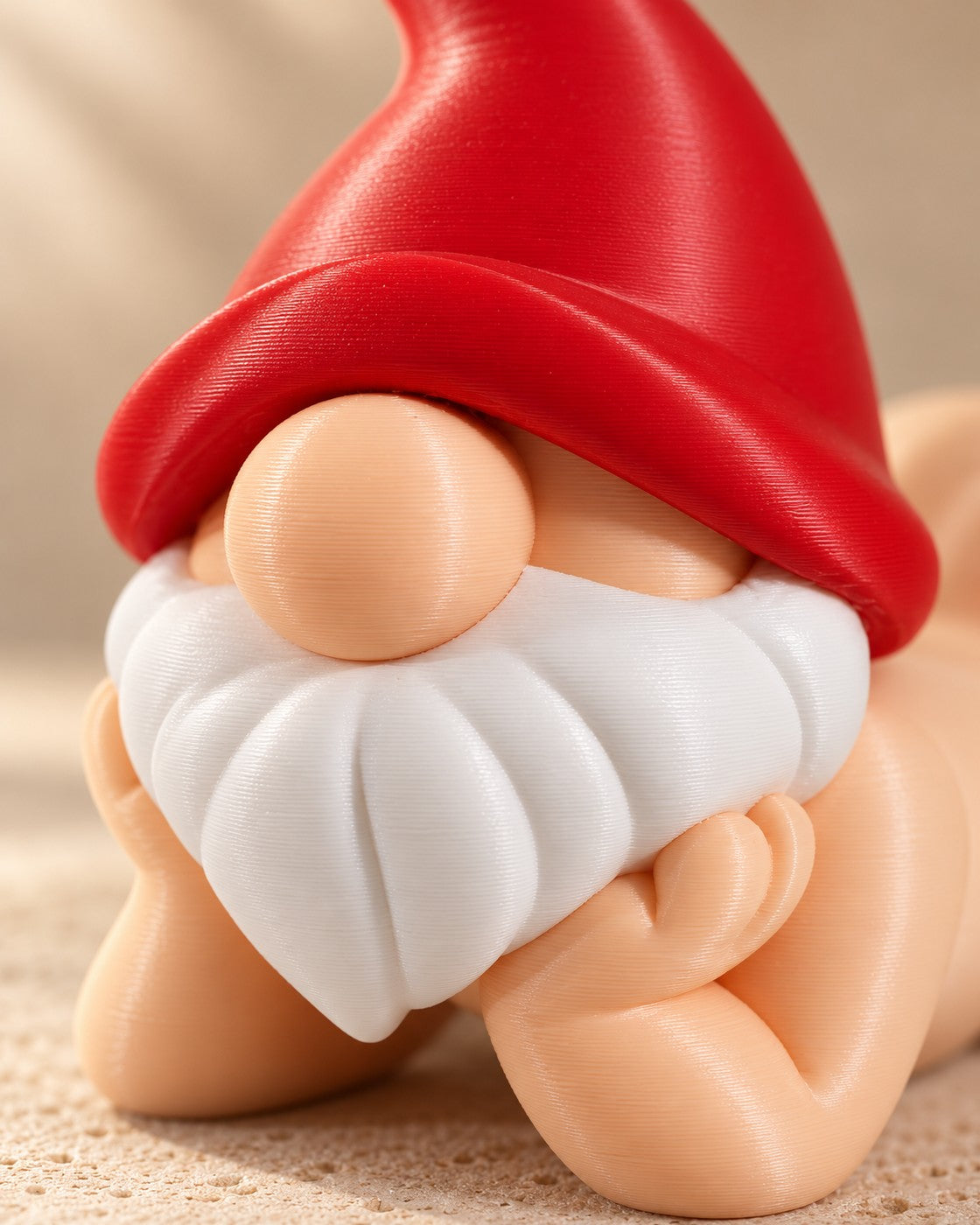 Close-up of the Cheeky Gnome showing fine printed layer lines