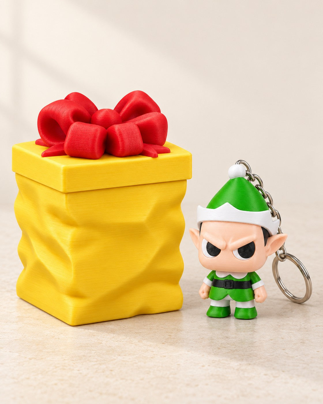 Grumpy Elf with Gift Container on a pale limestone plinth, soft studio light