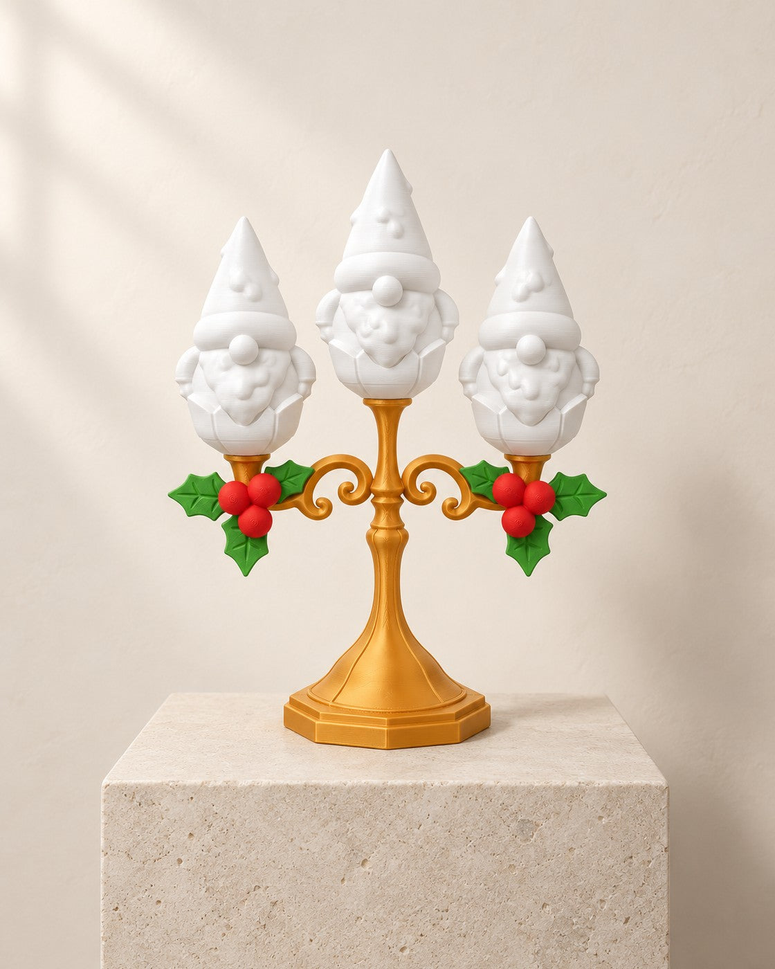 Gnome Candelabra on a pale limestone plinth, soft studio light