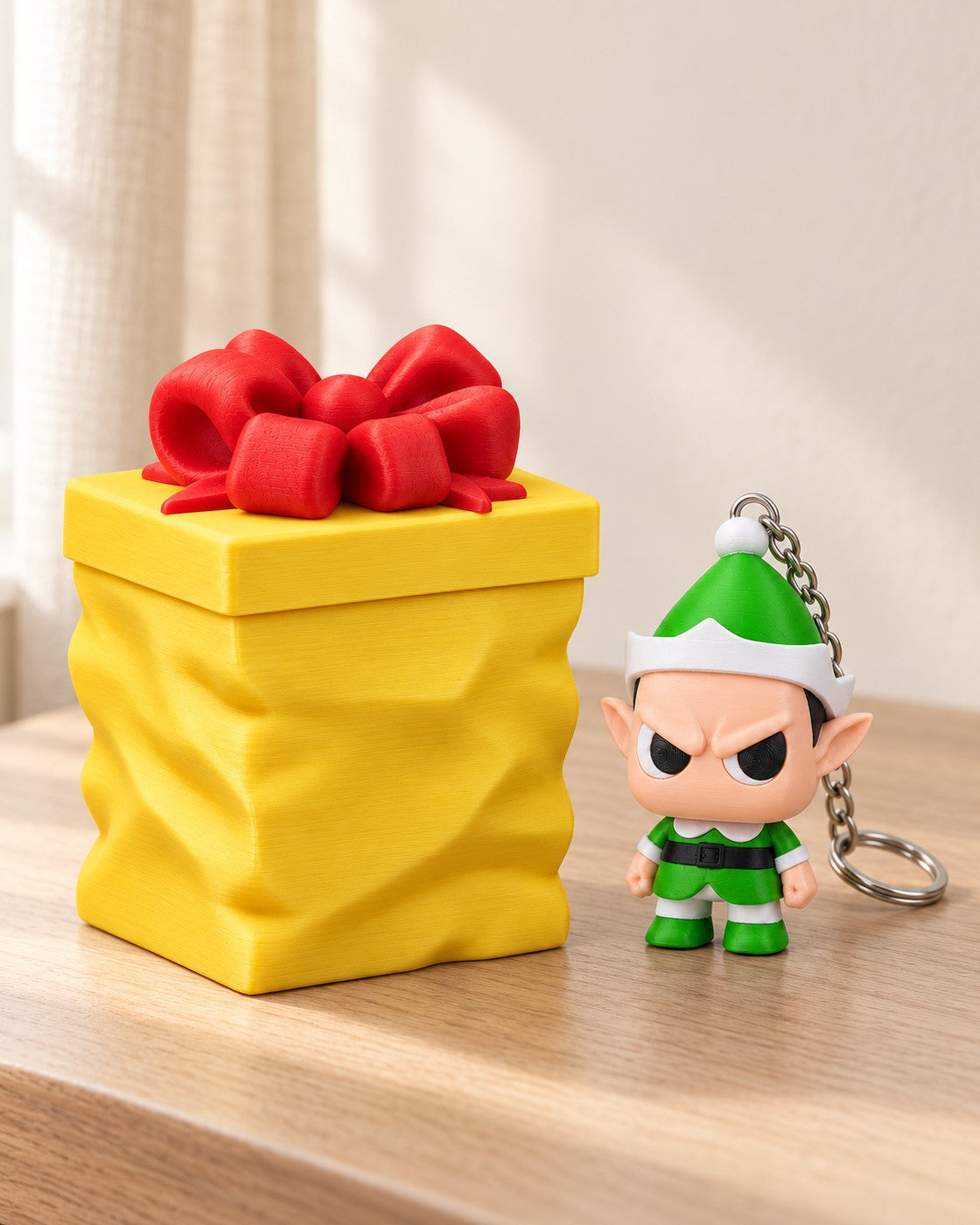 Grumpy Elf with Gift Container in a calm, softly lit interior, shown at true scale