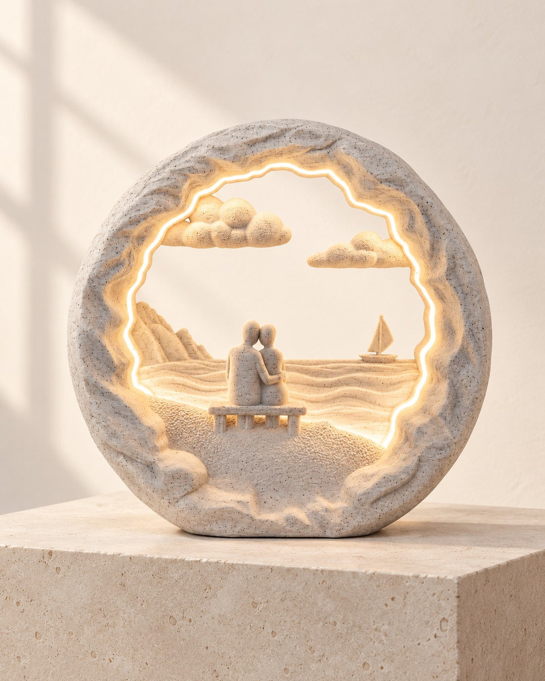 Dockside Dream Couple Lamp: Marble-effect lamp of two figures on a dock, lit by warm LED