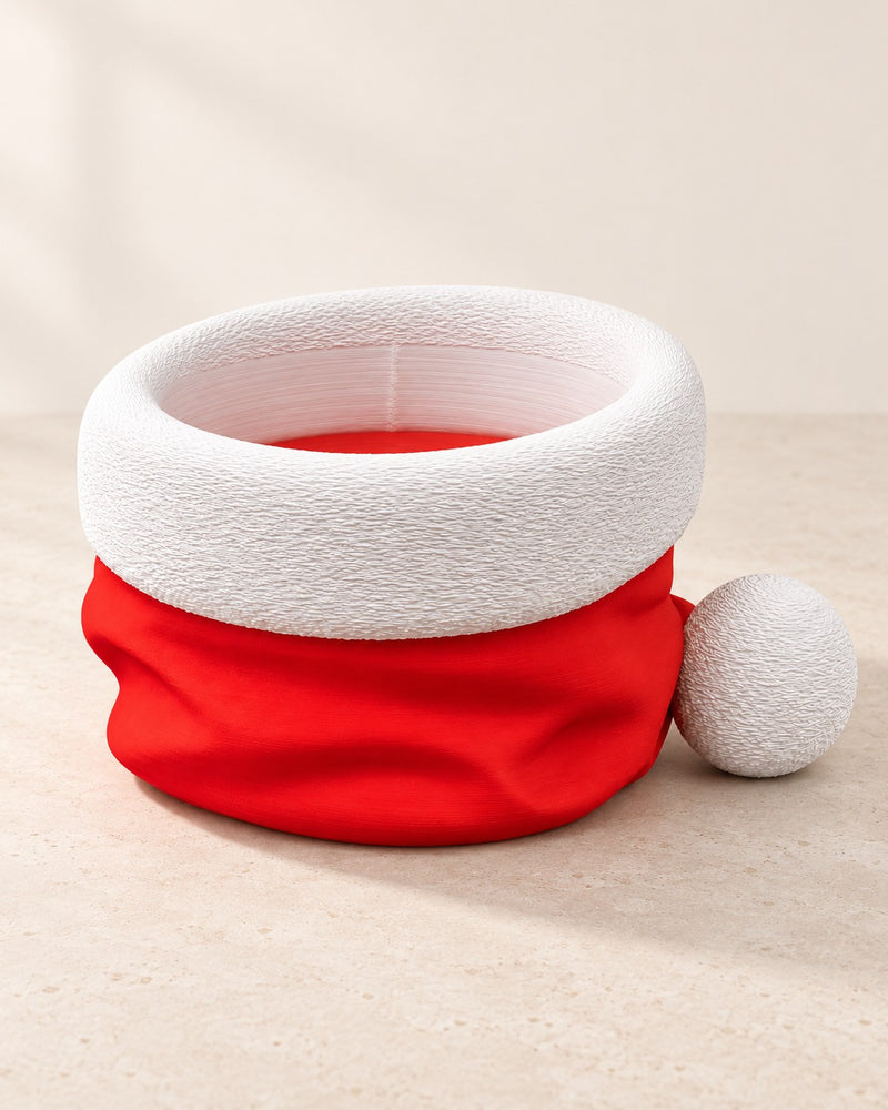 Santa's Snack Hat Bowl on a pale limestone plinth, soft studio light