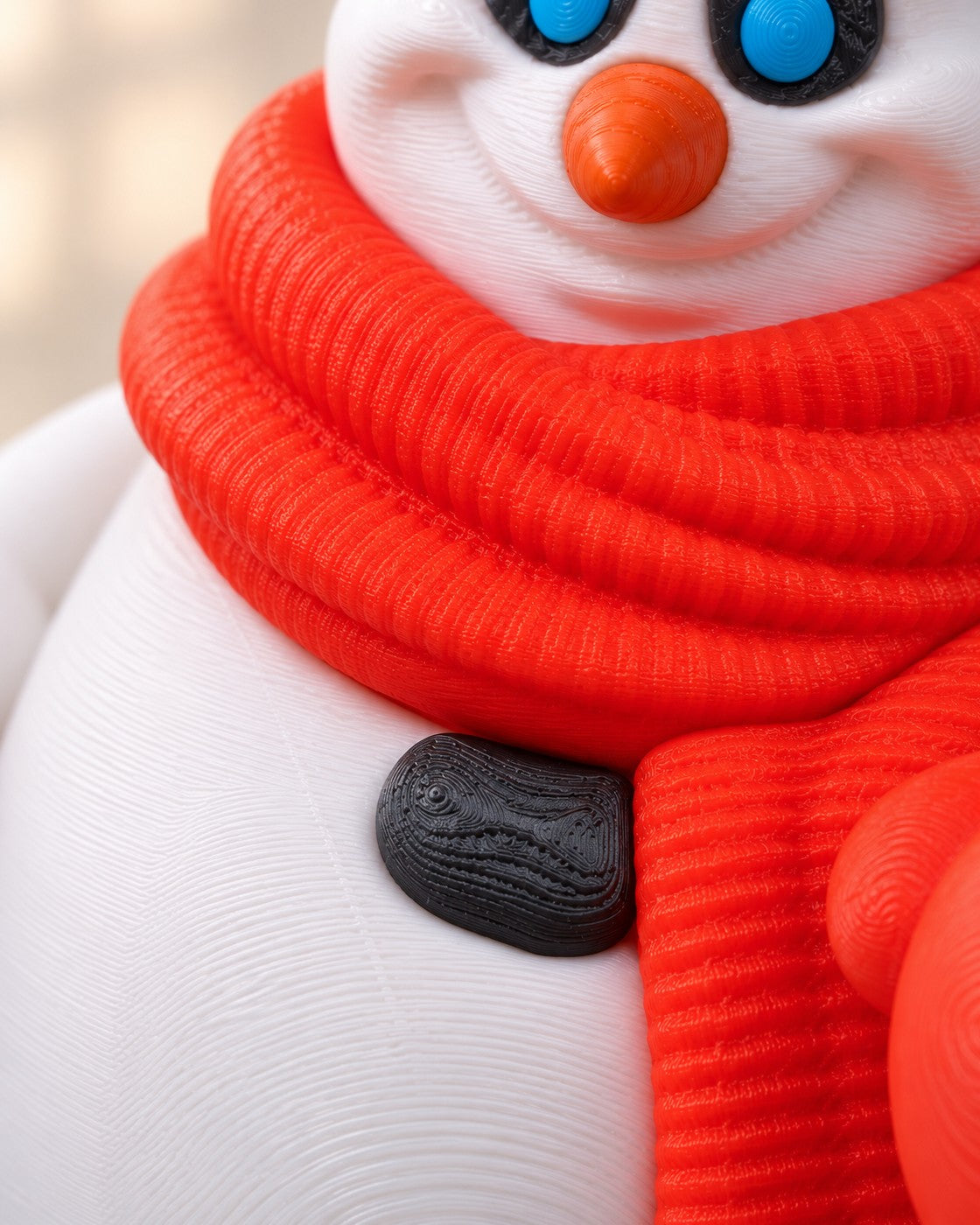Close-up of the Snow Sentinel Snowman showing fine printed layer lines
