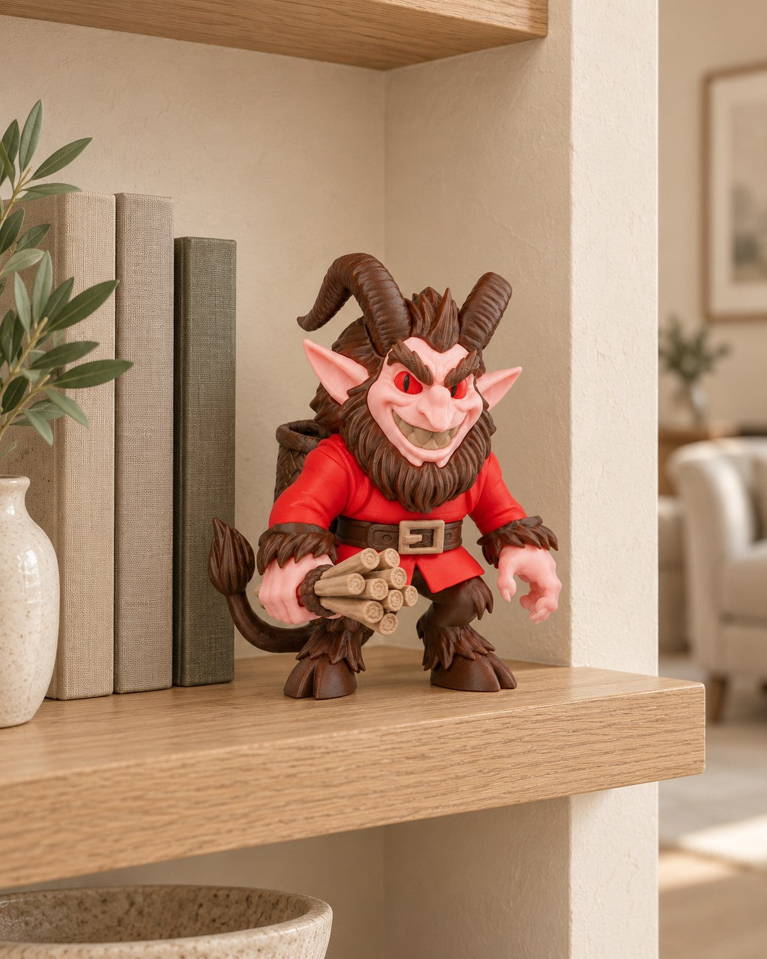 Krampus Figurine in a calm, softly lit interior, shown at true scale
