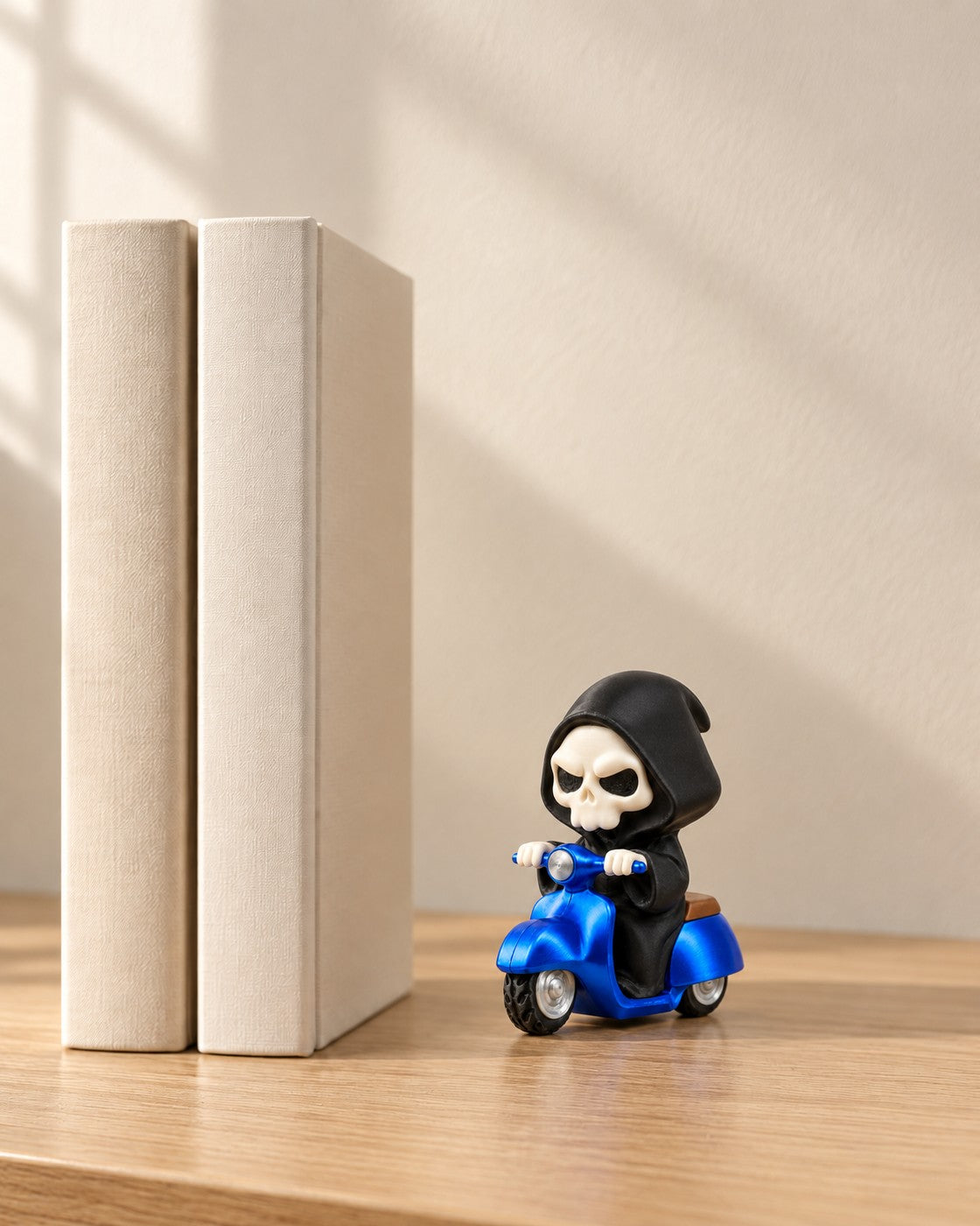 Grim Rider in a calm, softly lit interior, shown at true scale
