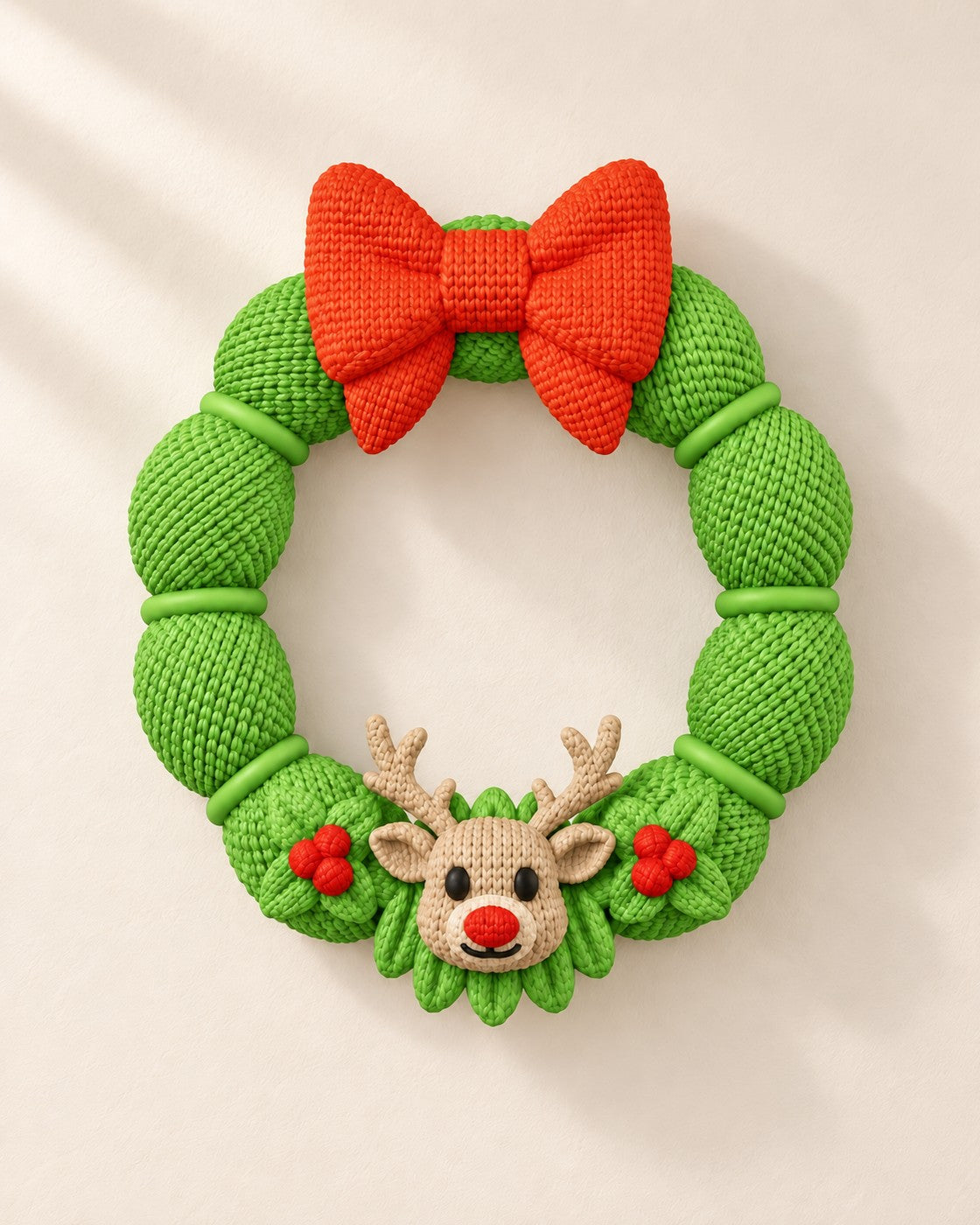 Reindeer Christmas Wreath on a pale limestone plinth, soft studio light