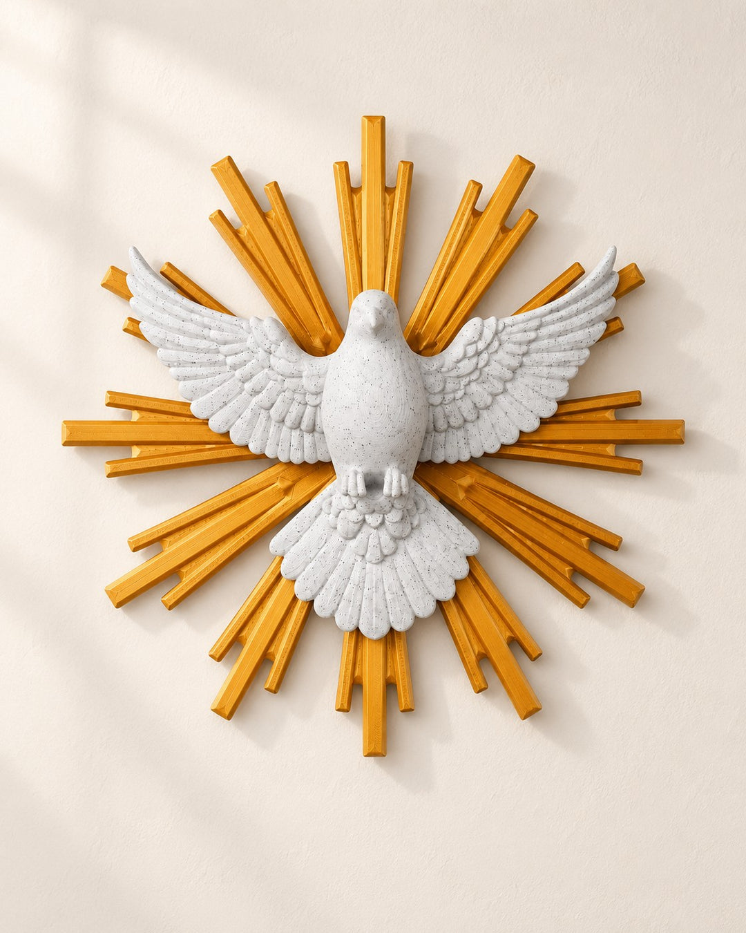 Dove of Peace Wall Art: Marble-effect dove in layered relief against a gold-coloured sunburst