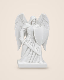 Archangel Michael Statue: Kneeling guardian figure with sword and shield, in matte white