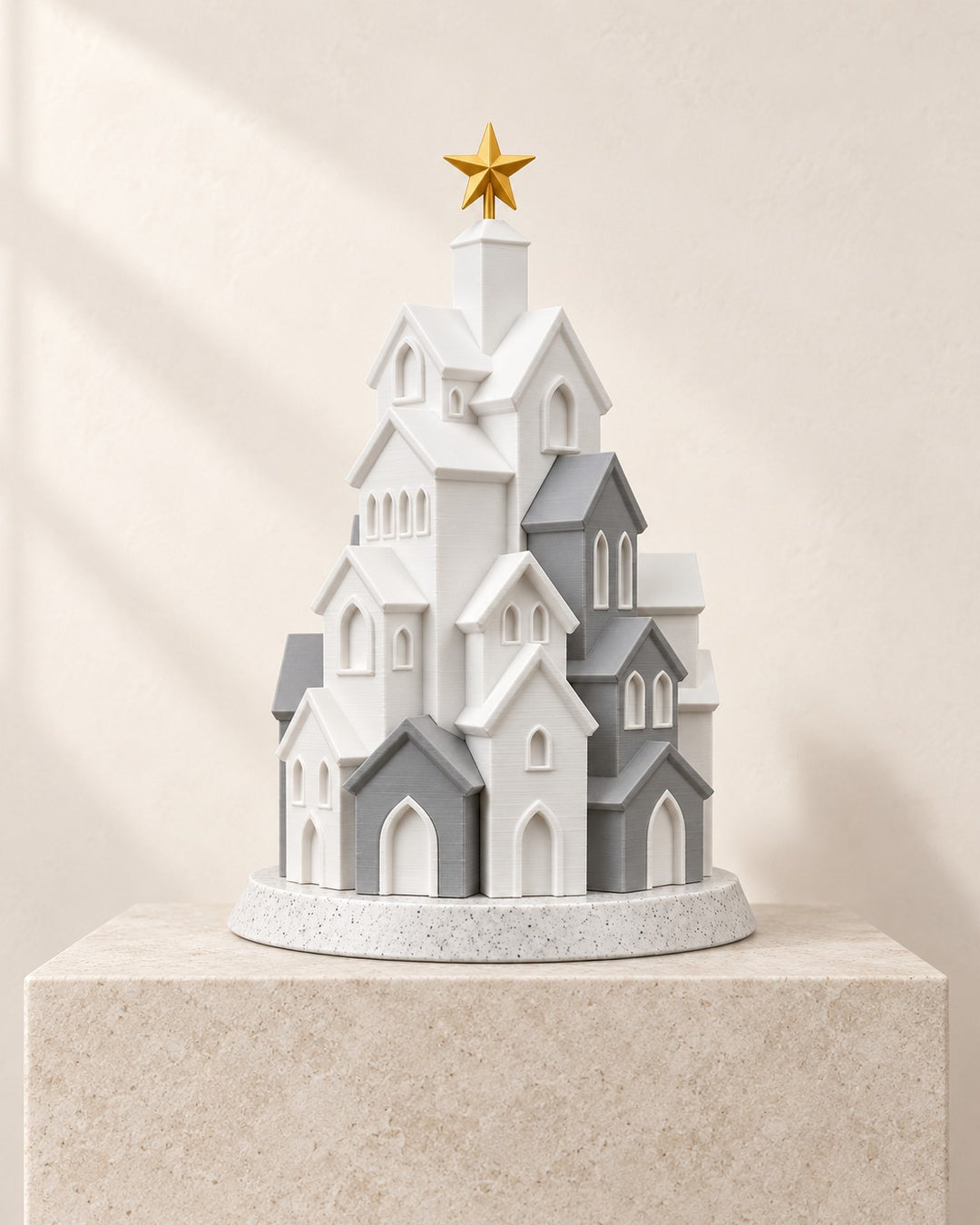 Winter Village Candle Light: White and grey houses beneath a gold-coloured star, with a flameless LED candle