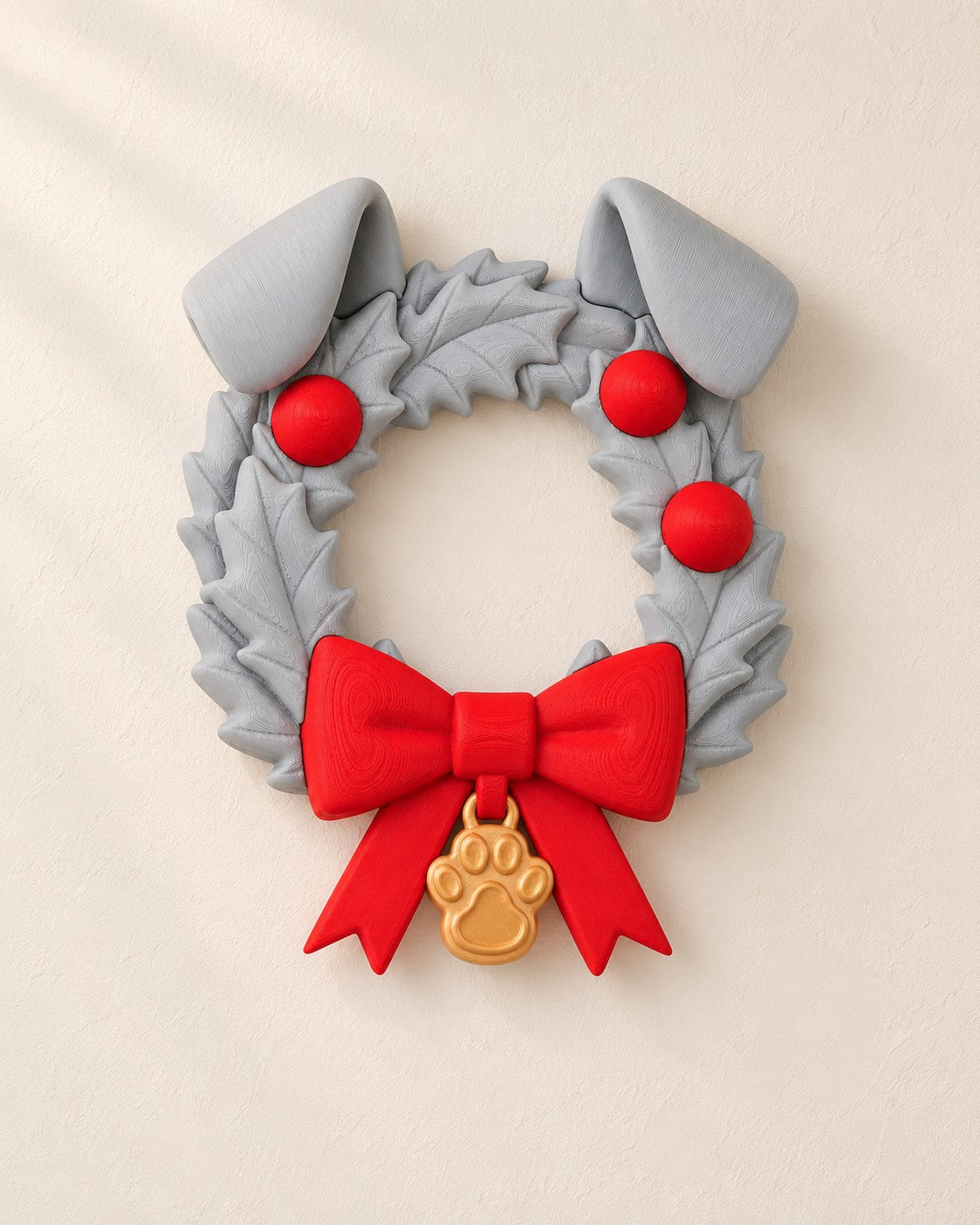 Dog Christmas Wreath on a pale limestone plinth, soft studio light