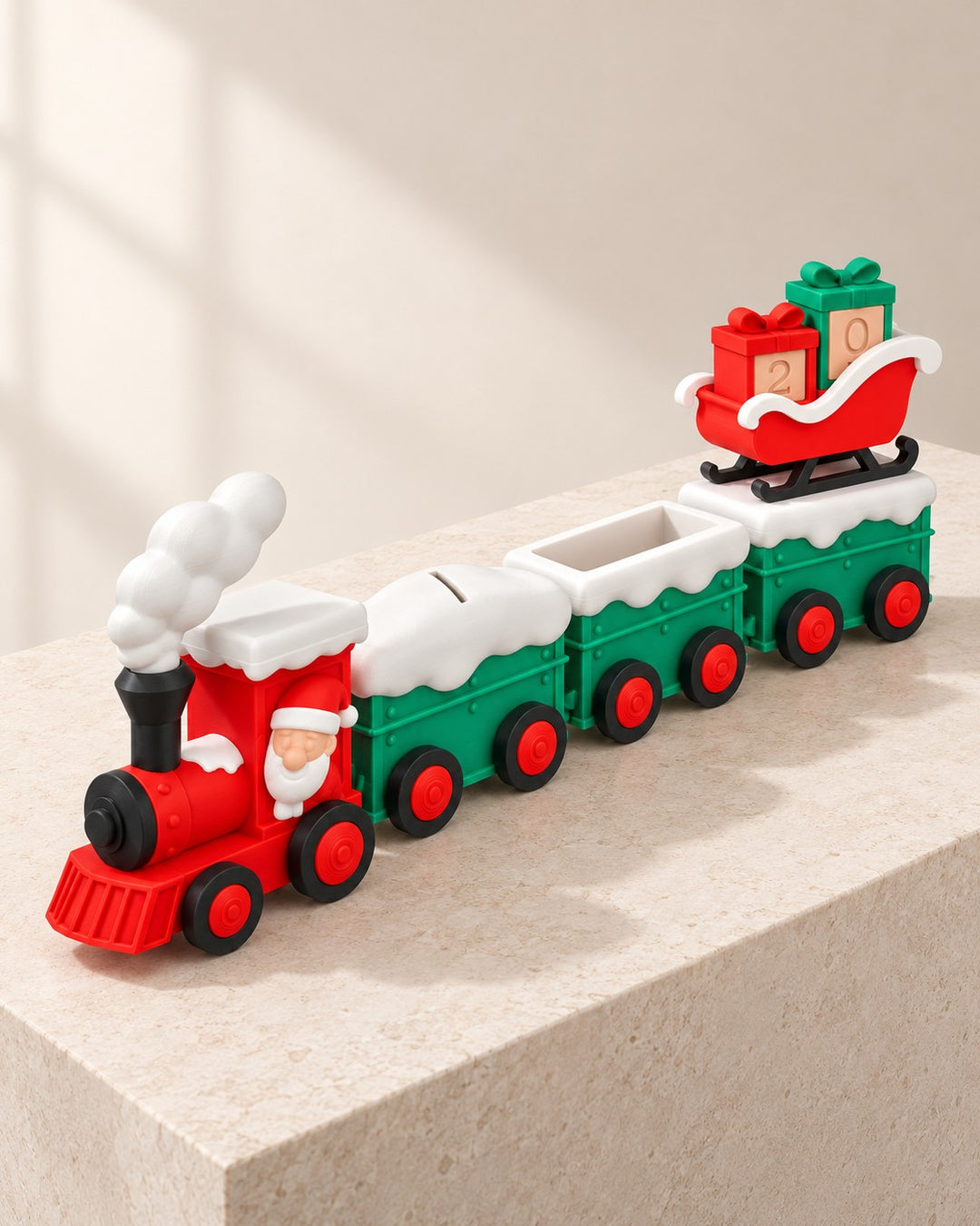 Santa Express Train: Red locomotive with Santa, three snow-capped wagons and a sleigh of presents