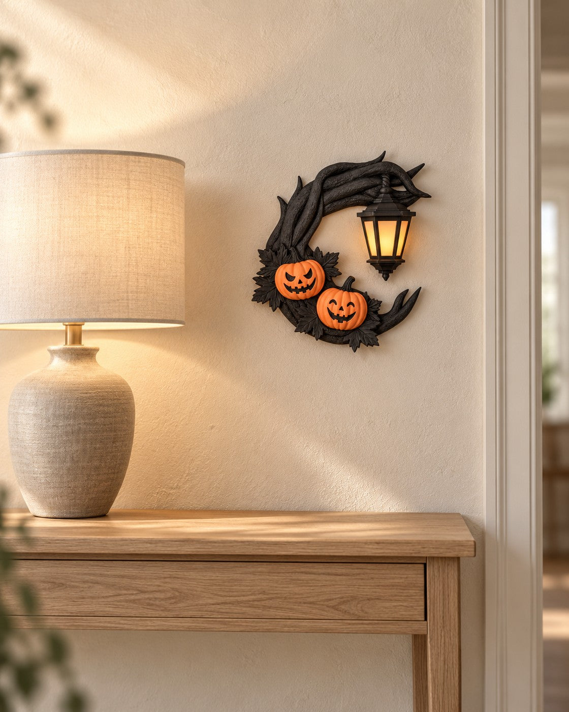 Pumpkin Moon Wreath in a calm, softly lit interior, shown at true scale