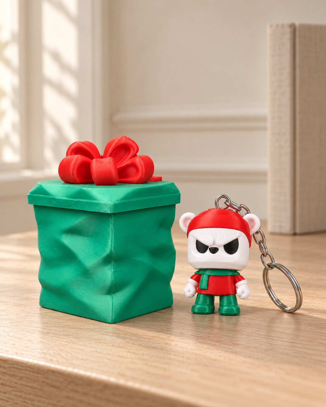 Grumpy Bear Gift Keyring in a calm, softly lit interior, shown at true scale