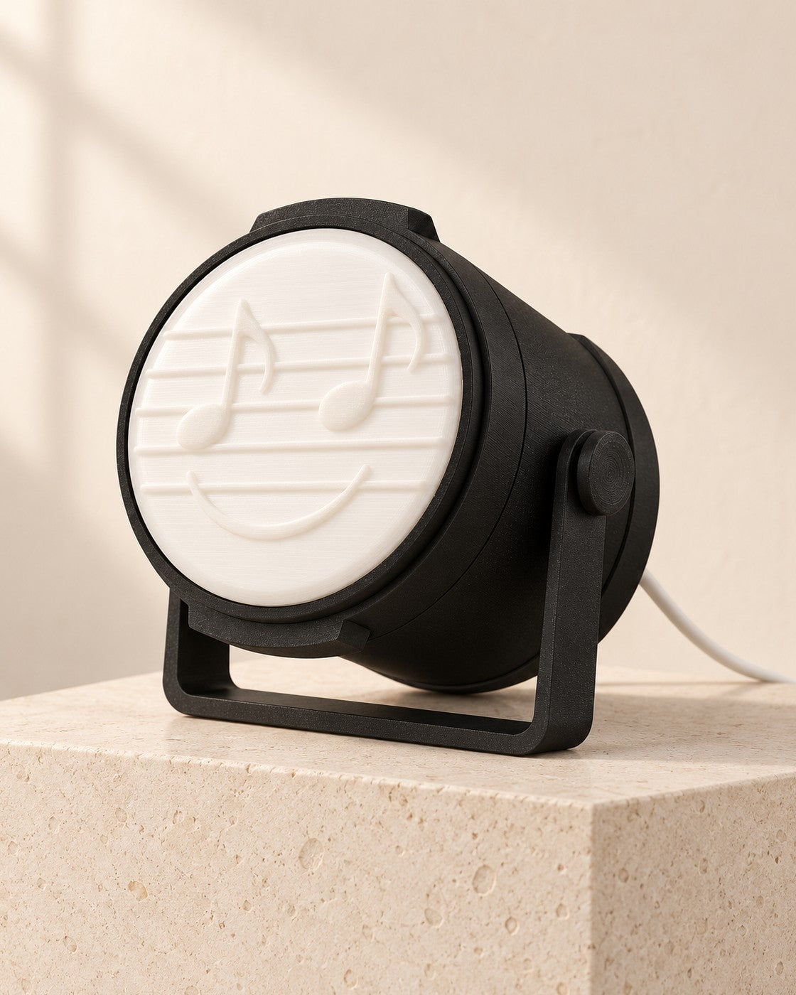 Stage Light Lamp on a pale limestone plinth, soft studio light