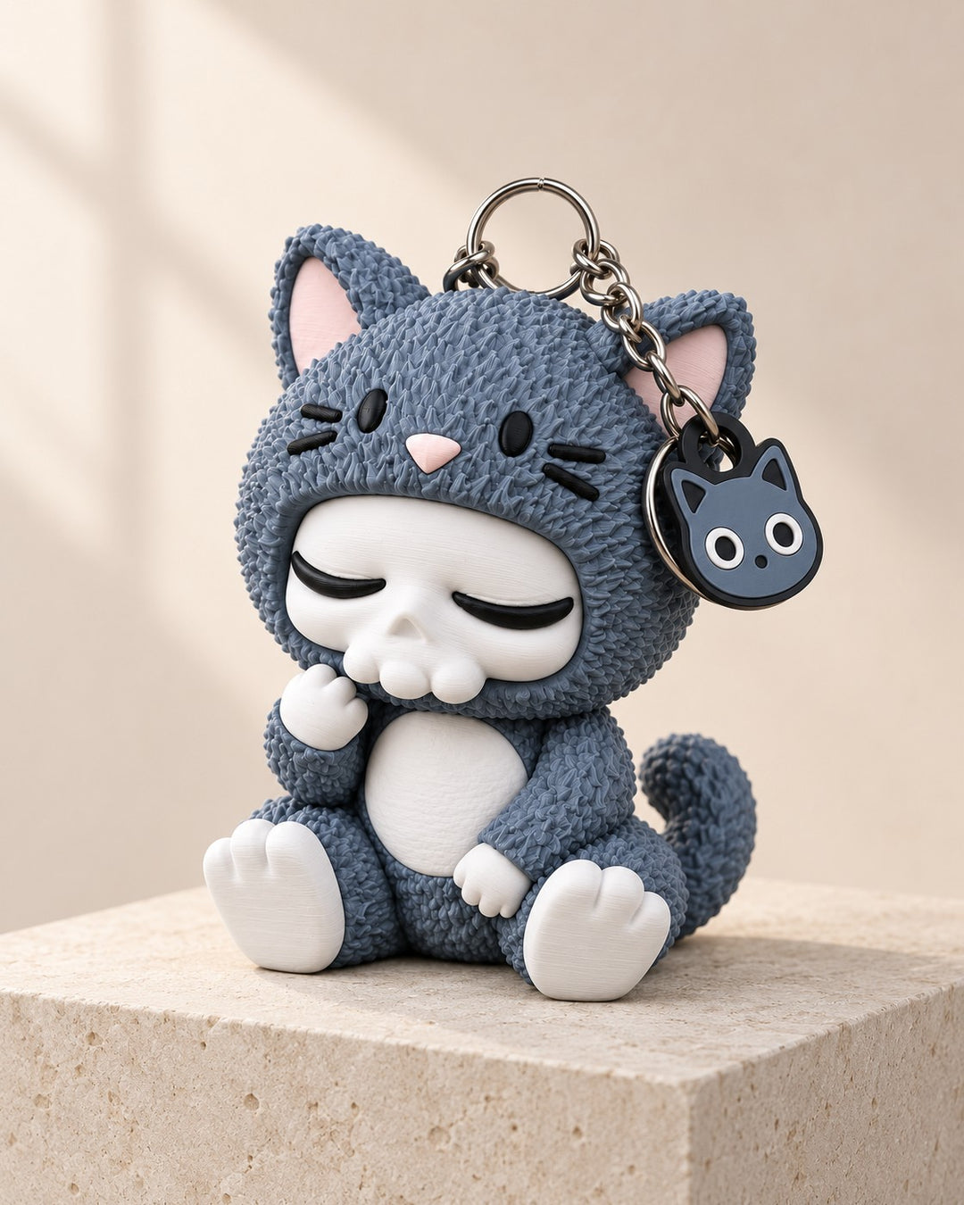 Sleepy Cat Skull Charm: A cat-hooded skull character keyring and bag charm