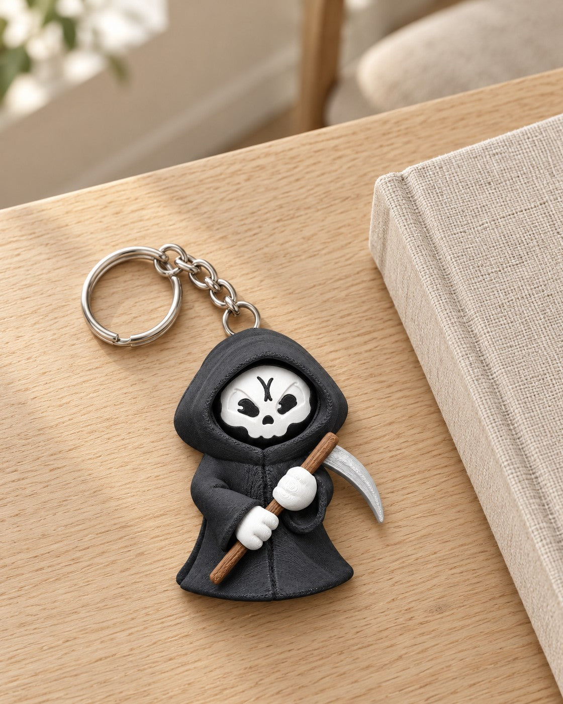 Moody Reaper Keyring in a calm, softly lit interior, shown at true scale
