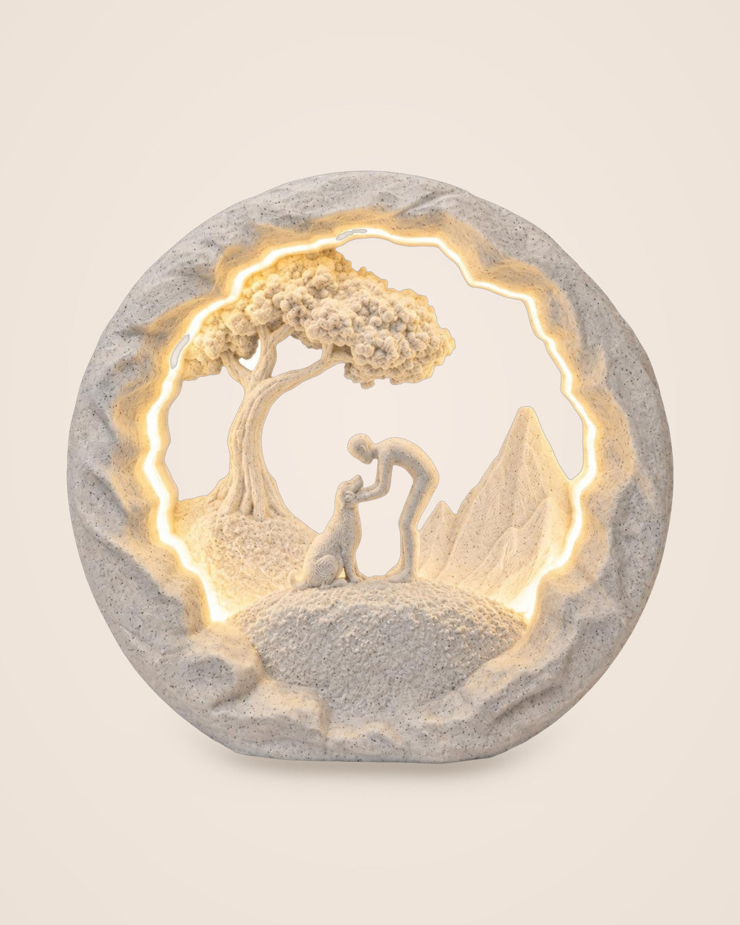 Good Boy Dog Lamp: A person greeting a dog beneath a mountain scene, in warm light