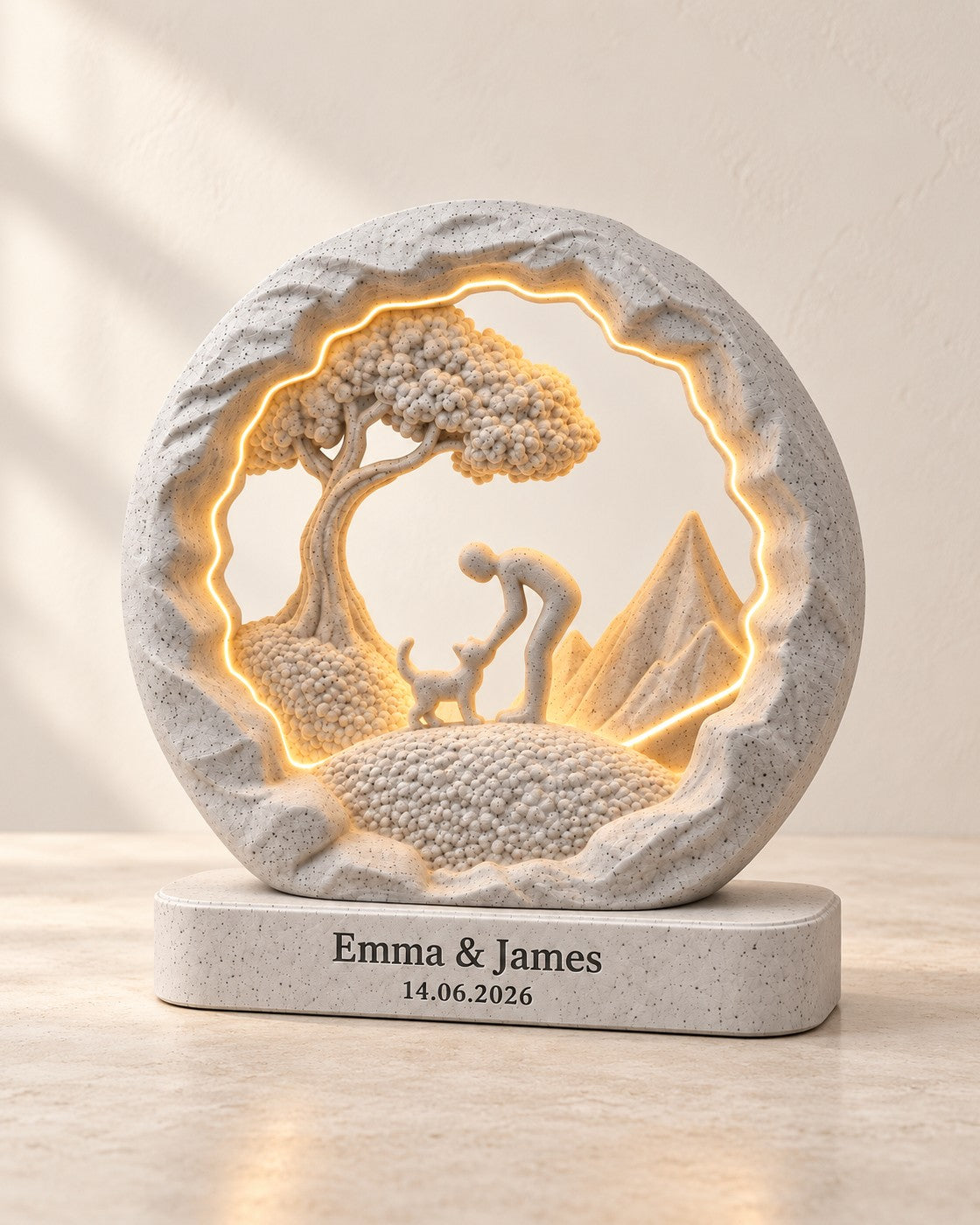 Best Friend Cat Lamp, Personalised on a pale limestone plinth, soft studio light