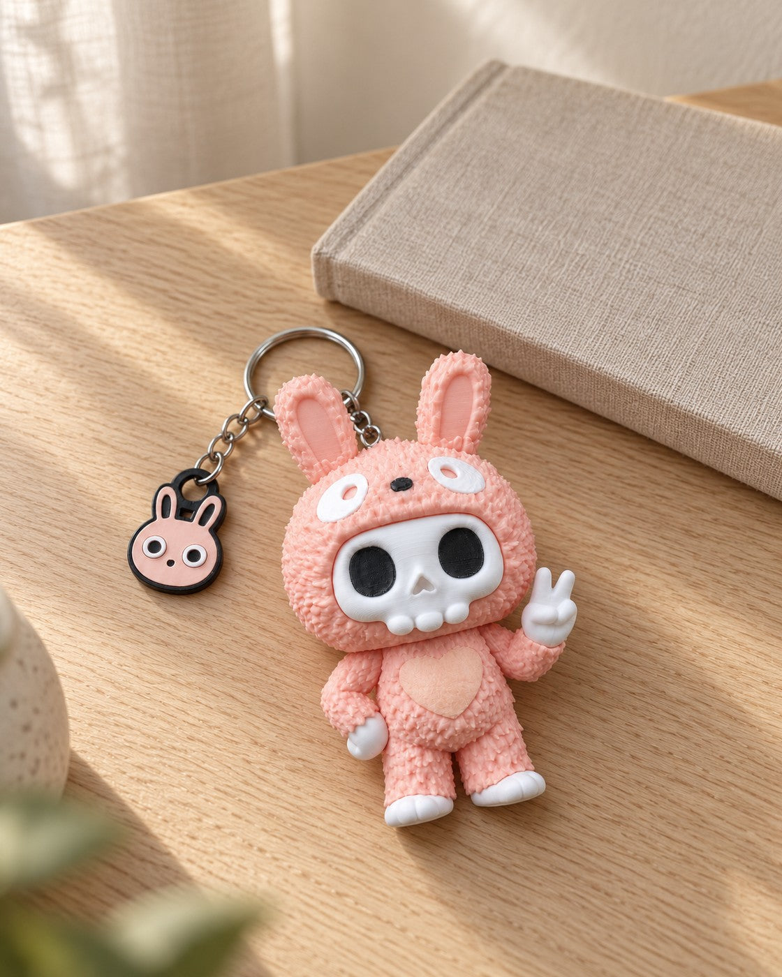 Pink Rabbit Skull Keyring in a calm, softly lit interior, shown at true scale