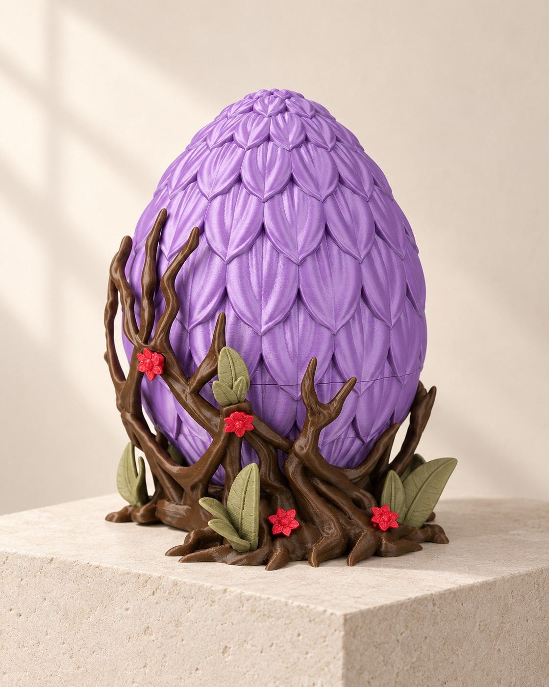 Floral Dragon Egg on a pale limestone plinth, soft studio light