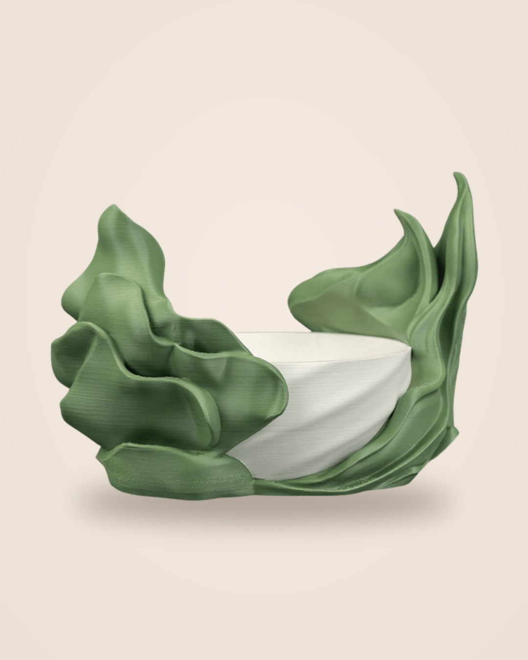 Seaweed Flow planter in white and green, three-quarter view showing the sculpted frond layers rising around the bowl