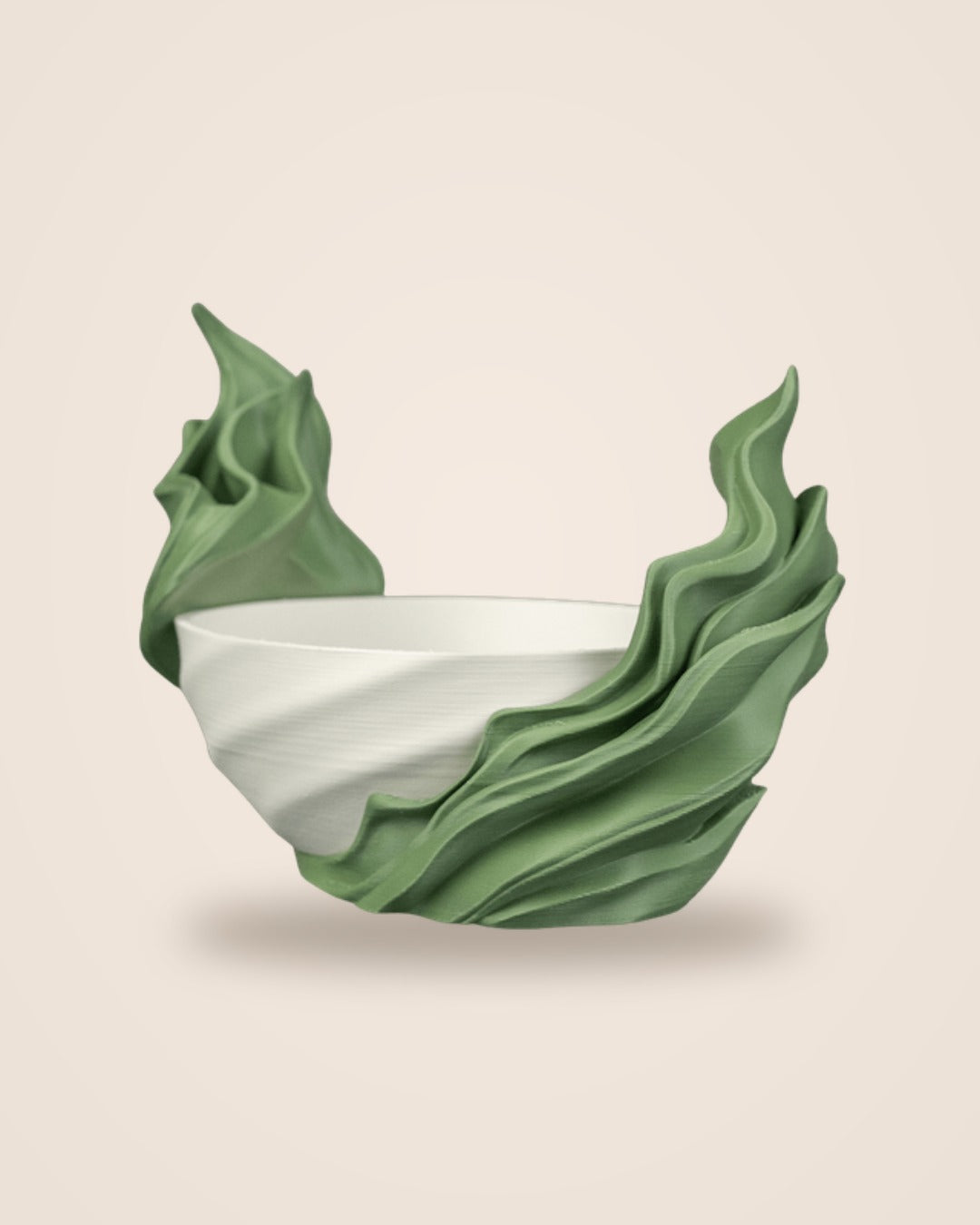 Seaweed Flow planter side view, white bowl with flowing green fronds curling up either side